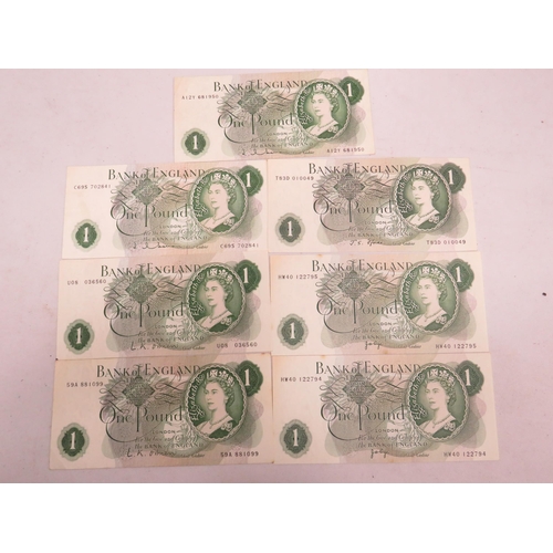 1551 - Seven Near Mint Vintage UK One Pound Notes, some consecutive numbers. See photos.