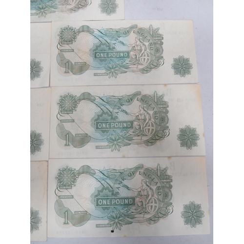 1551 - Seven Near Mint Vintage UK One Pound Notes, some consecutive numbers. See photos.