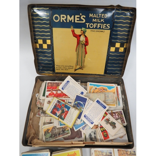 1579 - Very interesting Old Toffee Tin from 'Ormes' of Liverpool, filled with vintage cigarette and sports ... 