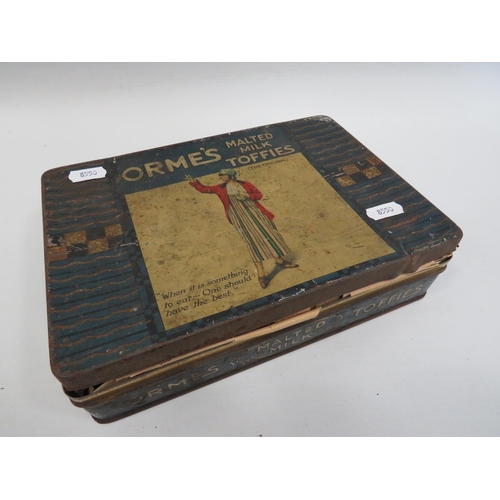 1579 - Very interesting Old Toffee Tin from 'Ormes' of Liverpool, filled with vintage cigarette and sports ... 