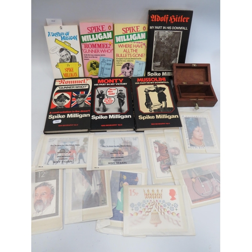 1580 - Selection of old Spike Milligan books, Selection of Royal Mail Stamp postcards ,  plus a small woode... 