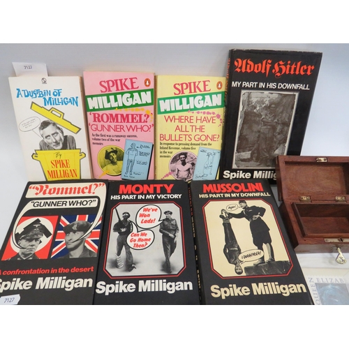 1580 - Selection of old Spike Milligan books, Selection of Royal Mail Stamp postcards ,  plus a small woode... 