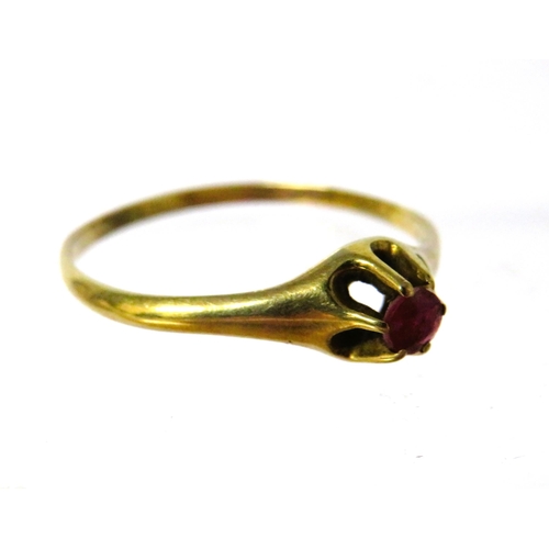 210A - 14ct Yellow Gold Ring set with a small Ruby Solitaire. Finger size 'U'   1.9g