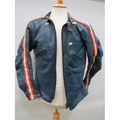 1740 - Gents Blue leather Motorcycle Jacket with Red & White Stripes to sleeves. Uk size Small to Medium. S... 