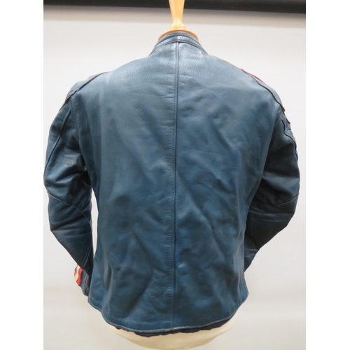 1740 - Gents Blue leather Motorcycle Jacket with Red & White Stripes to sleeves. Uk size Small to Medium. S... 