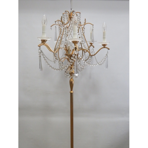 1747 - Brushed metal brass effect Standard lamp with 9 Candle bulbs and hanging glass lustres. Approx 67 in... 