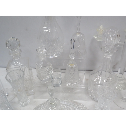 16 - Selection of crystal glass including decanters, candlesticks, cake plate etc.