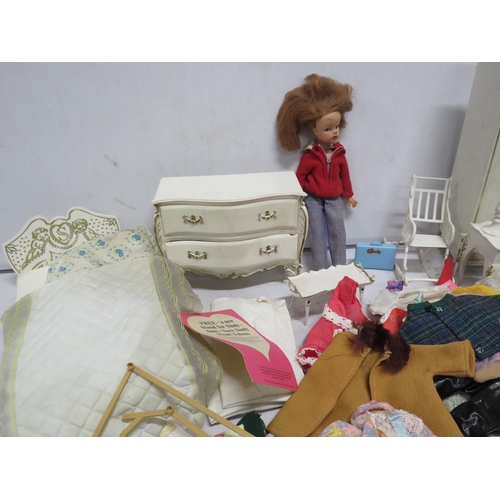 Vintage Cindy doll and a large selection of clothes and bedroom furinture.