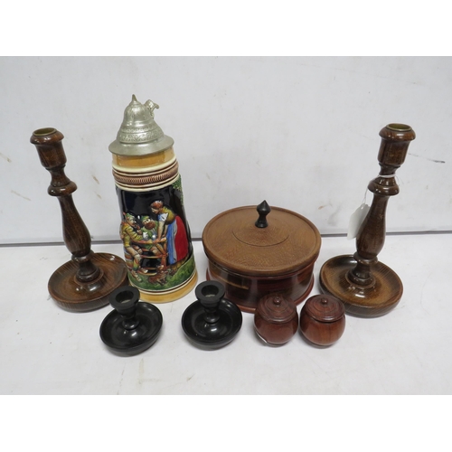 14 - Selection of vintage wooden ware and candlesticks etc plus a large ceramic German stein.