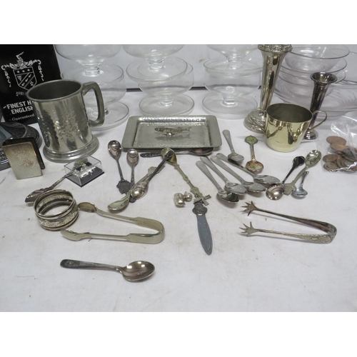 19 - Mixed lot to include pewter tankards, glass trifle bowls, silver plated cutlery/souviner spoons etc.