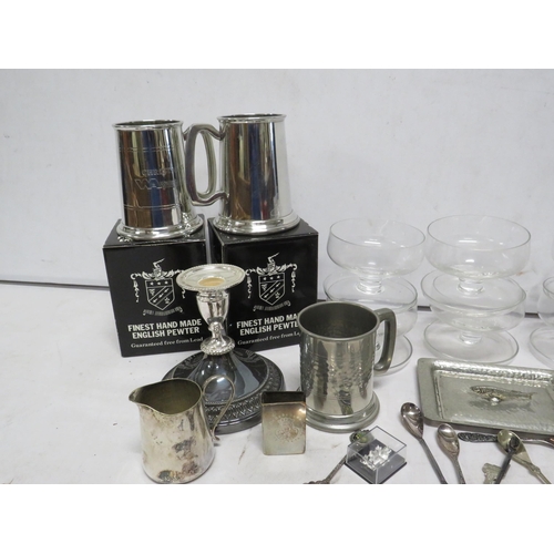 19 - Mixed lot to include pewter tankards, glass trifle bowls, silver plated cutlery/souviner spoons etc.