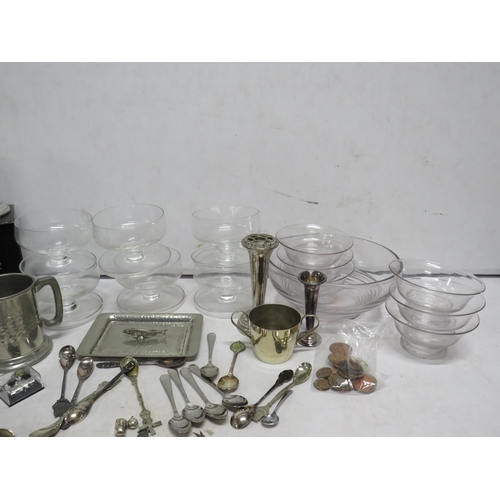 19 - Mixed lot to include pewter tankards, glass trifle bowls, silver plated cutlery/souviner spoons etc.