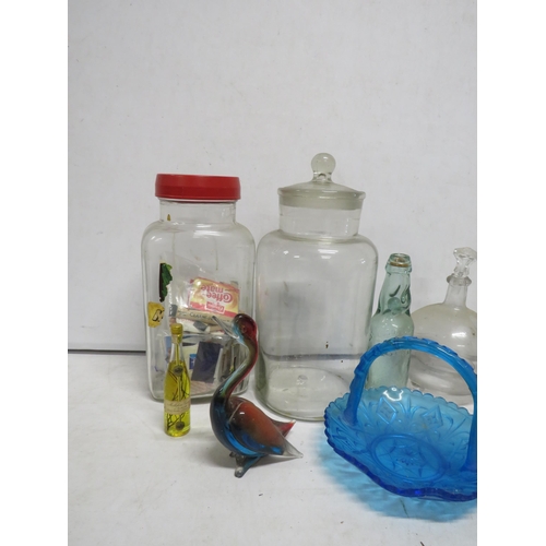 22 - Mixed glass lot including Decanters, large sweet jars, Murano duck etc.