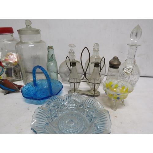 22 - Mixed glass lot including Decanters, large sweet jars, Murano duck etc.