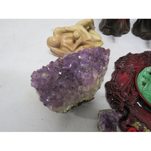 29 - Mixed lot including a Amethyst quartz cluster, oriental figurines etc.