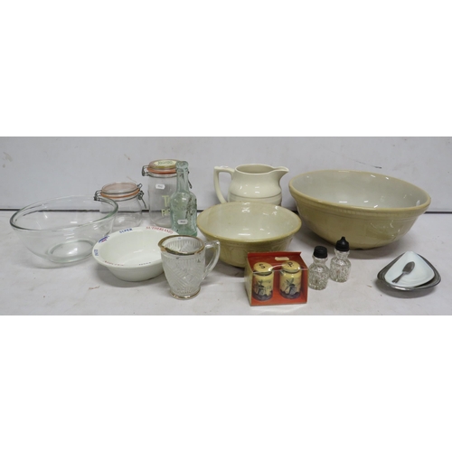 35 - Kitchenalia lot including mixing bowls, Kilner style jars etc and a vintage bottle with local intere... 