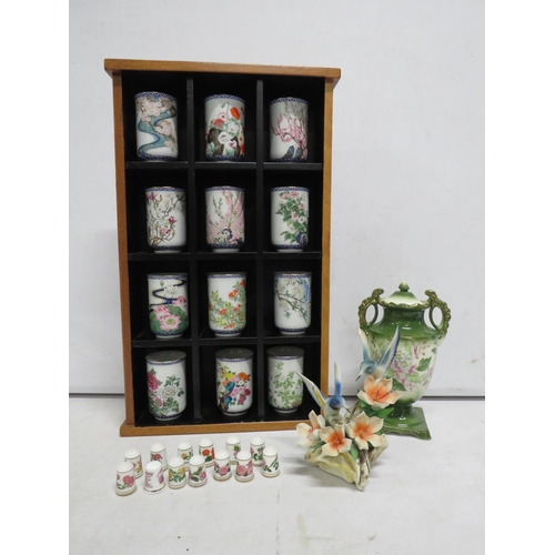 36 - Set of 12 Franklin mint japanese teacups in display case, 12 Limited edition Rose thimbles, a Capodi... 