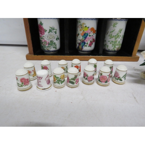 36 - Set of 12 Franklin mint japanese teacups in display case, 12 Limited edition Rose thimbles, a Capodi... 