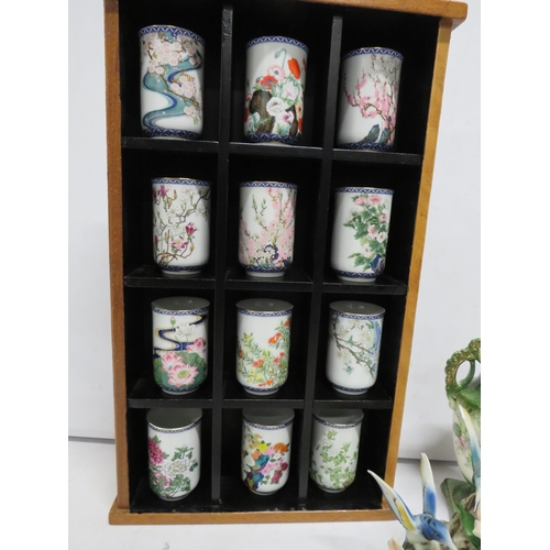 36 - Set of 12 Franklin mint japanese teacups in display case, 12 Limited edition Rose thimbles, a Capodi... 