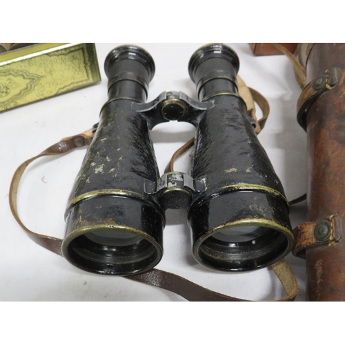 55 - Mixed lot including vintage binoculars in a military arrow marked case, large selection of victorian... 