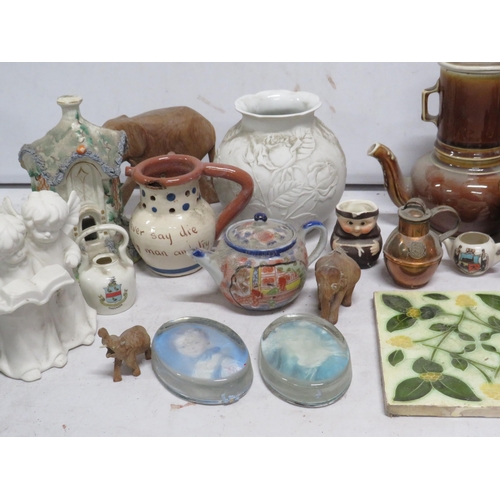 58 - Mixed lot of various vintage ceramics, Art Nouveau tile and a enamel teapot etc.