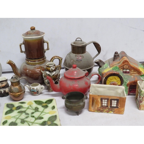 58 - Mixed lot of various vintage ceramics, Art Nouveau tile and a enamel teapot etc.