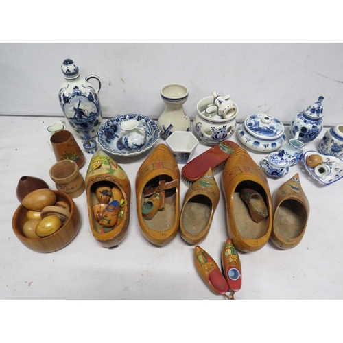 60 - Large selection of Delfts ceramics and dutch wooden items cloggs etc.