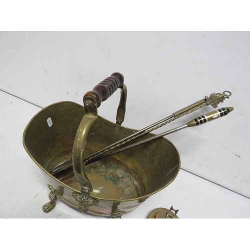 70 - Brass coal bucket with 2 pokers and a toating fork.