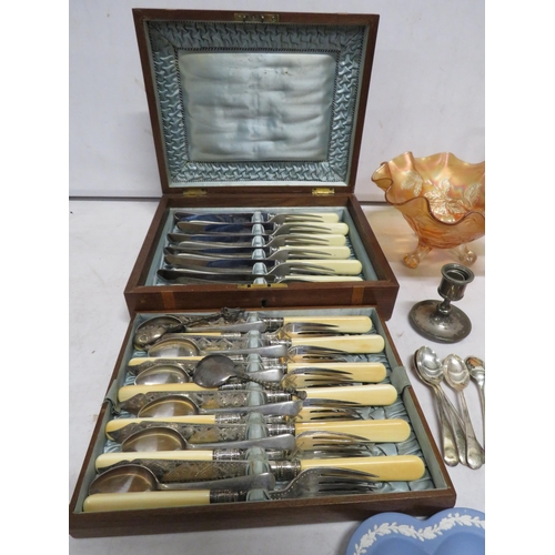 72 - Mixed lot including a cutlery set, coins, wedgwood jasperware, clock, etc.