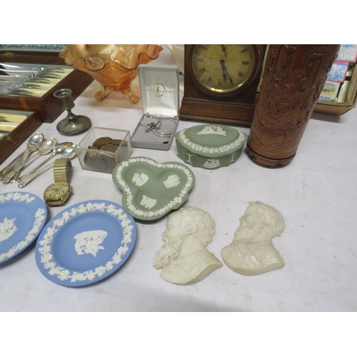 72 - Mixed lot including a cutlery set, coins, wedgwood jasperware, clock, etc.