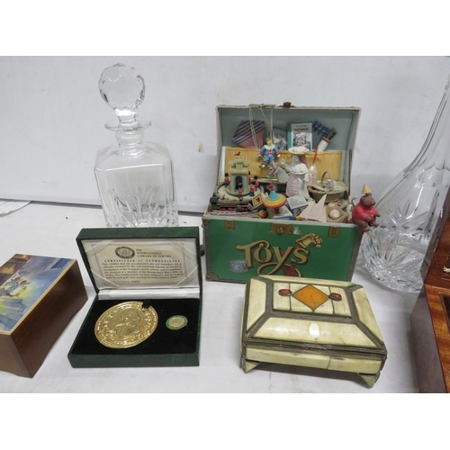 73 - Mixed lot to include trinket and musical boxes, swiss wristwatch, decanters etc.