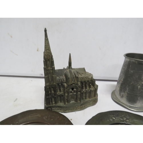 78 - 3 German pewter plates and a musical box in the form of a catherdral, plus a tankard with military c... 