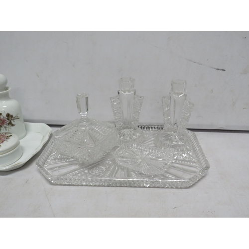 85 - 2 Vintage dressing tables sets one ceramic and one glass.