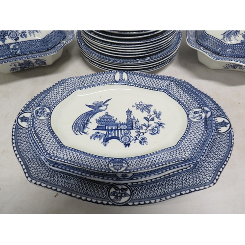 86 - S Ford and co vintage blue and white part dinnerset decorated with a bird of paradise.