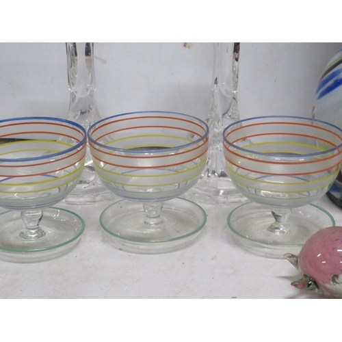 95 - Mixed art glass lot including a large murano vase, retro trifle dishes, candlesticks etc.