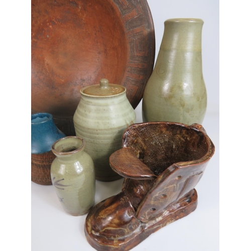 160 - Selection of Salt Glazed Stoneware plus a Glazed Terracotta Greek Style Dish. See photo.