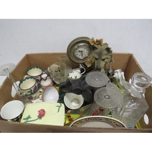 136 - Box of Misc items including a mantle clock, white metal figurine, dinking glasses and ceramics.