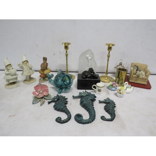 149 - Mixed lot including a art glass fish, trinket box, figurines, candlesticks etc.