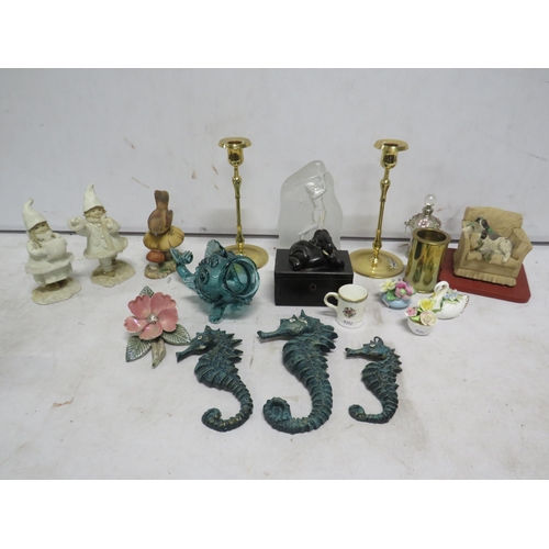 149 - Mixed lot including a art glass fish, trinket box, figurines, candlesticks etc.