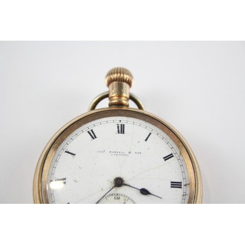 269 - THOMAS RUSSELL & SON Gents Rolled Gold Open Face POCKET WATCH Hand-wind WORKING      404417