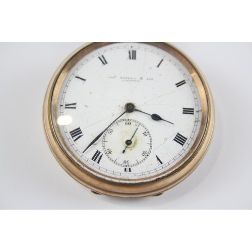 269 - THOMAS RUSSELL & SON Gents Rolled Gold Open Face POCKET WATCH Hand-wind WORKING      404417