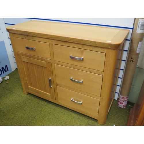 282 - Light Beechwood Cupboar with three drawers to right side, cupboard with drawer above to left.  H:32 ... 