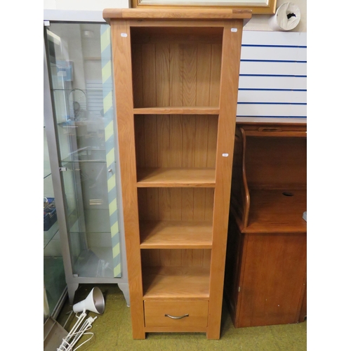 287 - Good Quality Light Beech Shelf unit with cupboard door under. H:71 x W:22 x D:12 Inches. See photos.