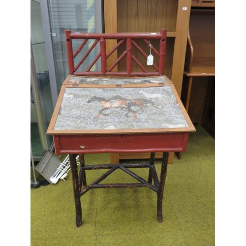 290 - Oriental Bureau of mostly Bamboo construction with painted Equine Motif to desk lid. H:42 x W:21 x D... 