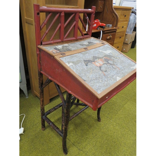 290 - Oriental Bureau of mostly Bamboo construction with painted Equine Motif to desk lid. H:42 x W:21 x D... 