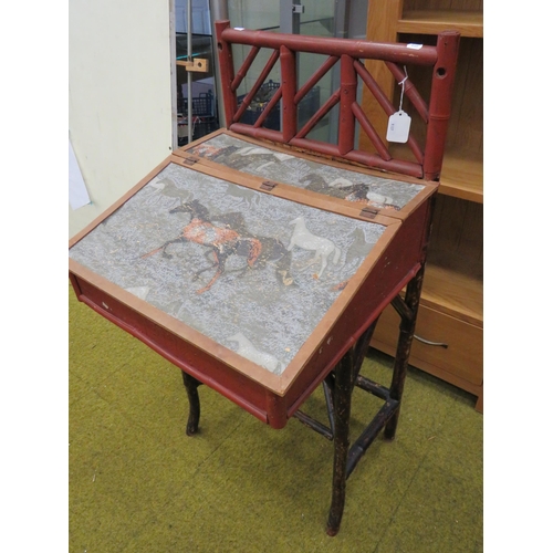 290 - Oriental Bureau of mostly Bamboo construction with painted Equine Motif to desk lid. H:42 x W:21 x D... 