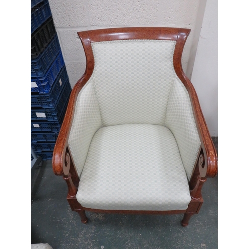 297 - Pretty Edwardian Style Reproduction Tub style chair with Bergere sides in Maple veneer. Nicley uphol... 