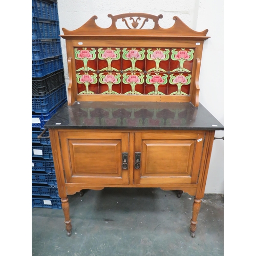 298 - Late 19th Century Tile Backed Wash Stand with Marble top. Two cupboard doors under. Raised on origin... 