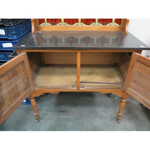 298 - Late 19th Century Tile Backed Wash Stand with Marble top. Two cupboard doors under. Raised on origin... 