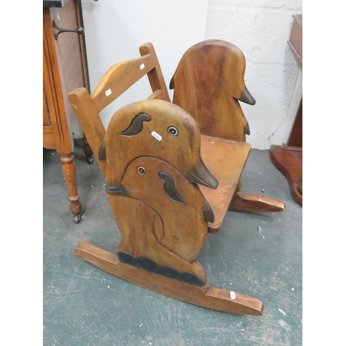 300 - Pleasing Childs Wooden Rocking Chair with Ducks head Carved decoration to sides.